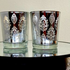 VINTAGE 2 MERCURY GLASS SHIMMERY SILVER ORNATE PANELS LASER CUT 3” VOTIVES
